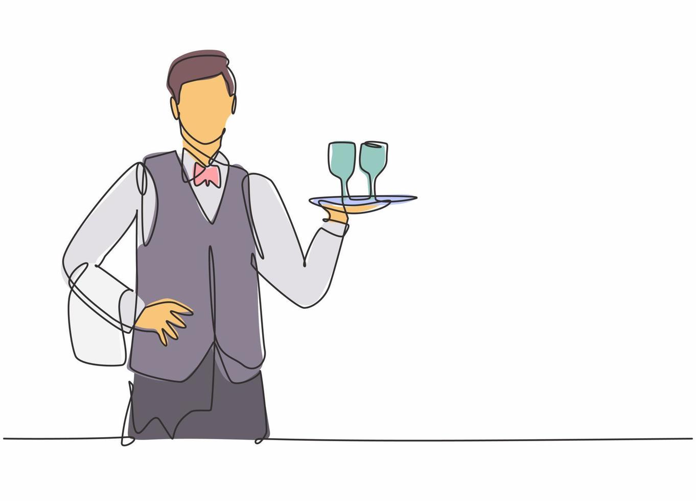 Single one line drawing of young waiter man holding metal tray with glass to serve. Professional work profession and occupation minimal concept. Continuous line draw design graphic vector illustration