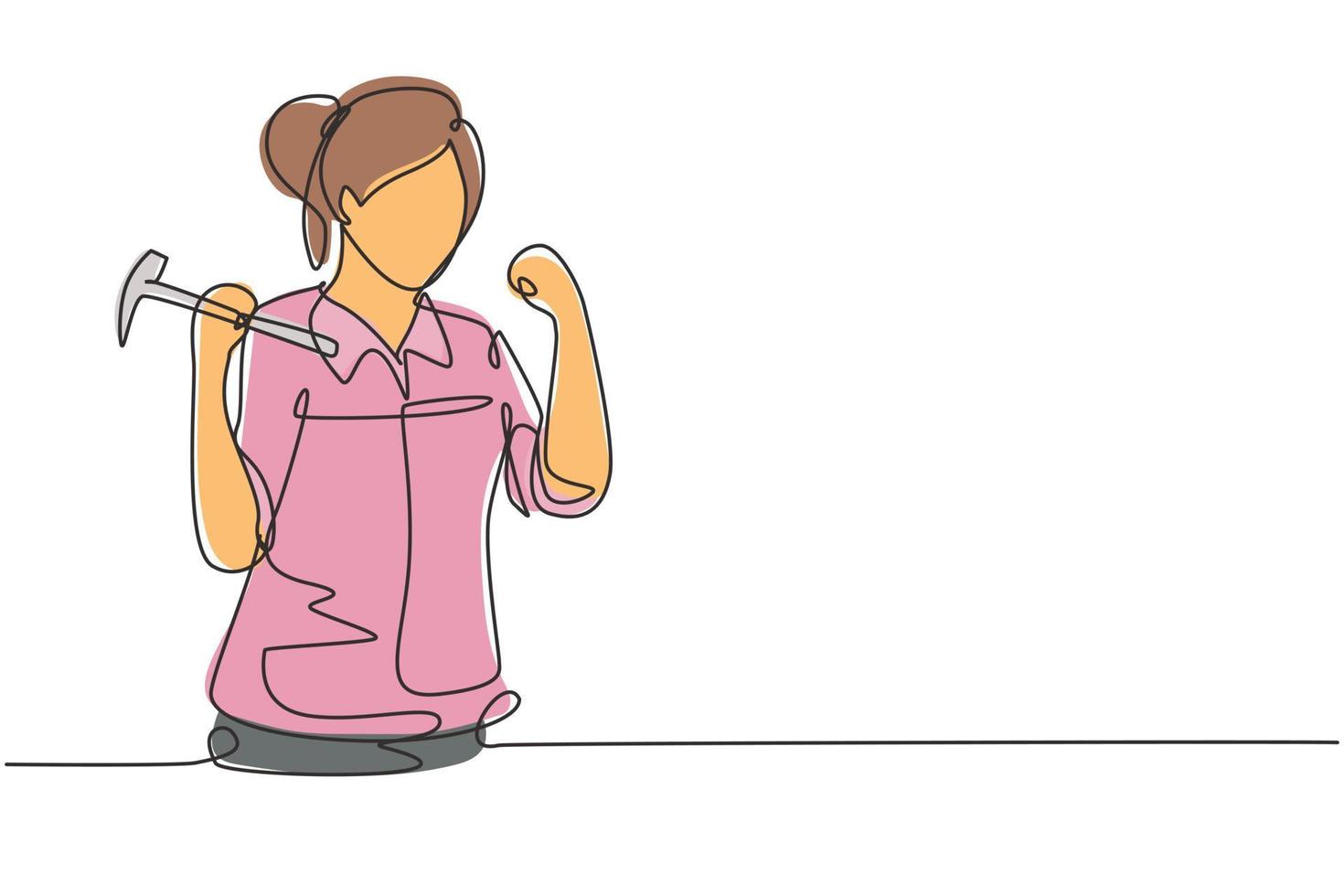 Single continuous line drawing female carpenter with celebrate gesture works in workshop making wooden products. Skills in using carpentry tools. One line draw graphic design vector illustration