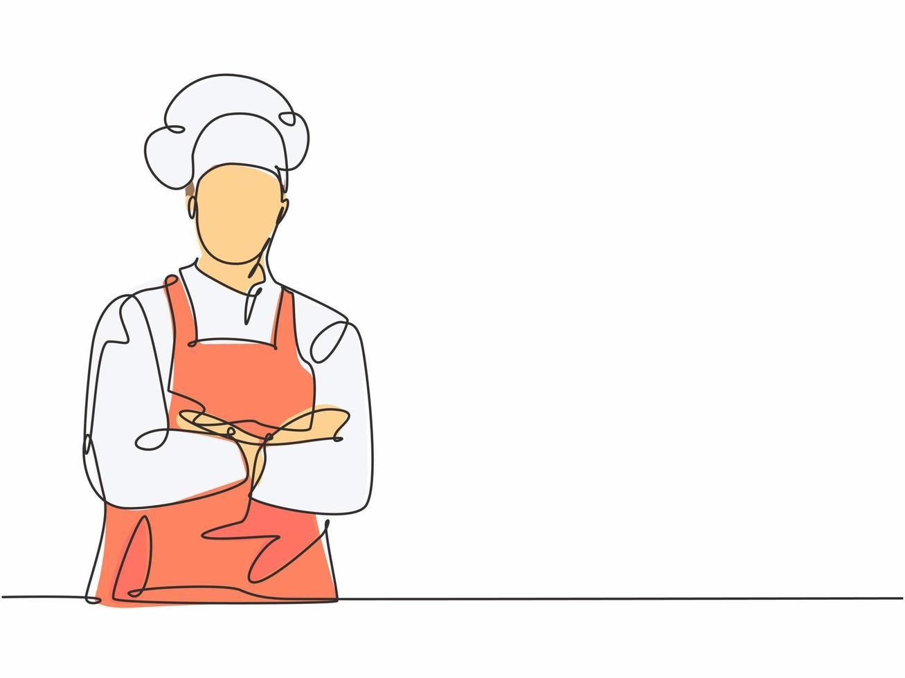 Single continuous line drawing of  young confident handsome male chef in uniform pose standing and crossing arm in chest. Resto banner model concept one line drawing design vector graphic illustration