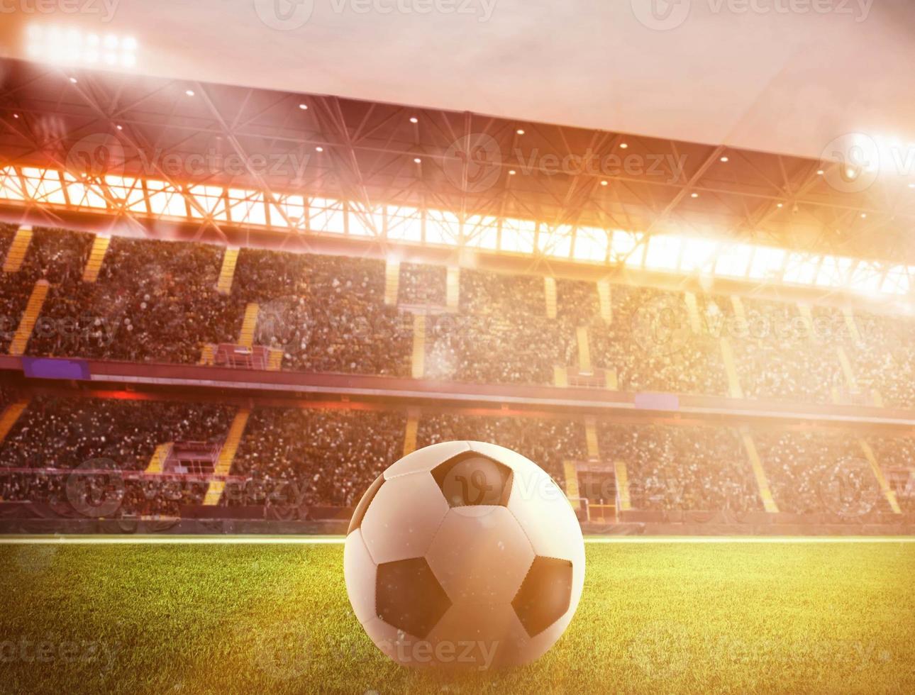 balón de fútbol a el estadio durante puesta de sol foto