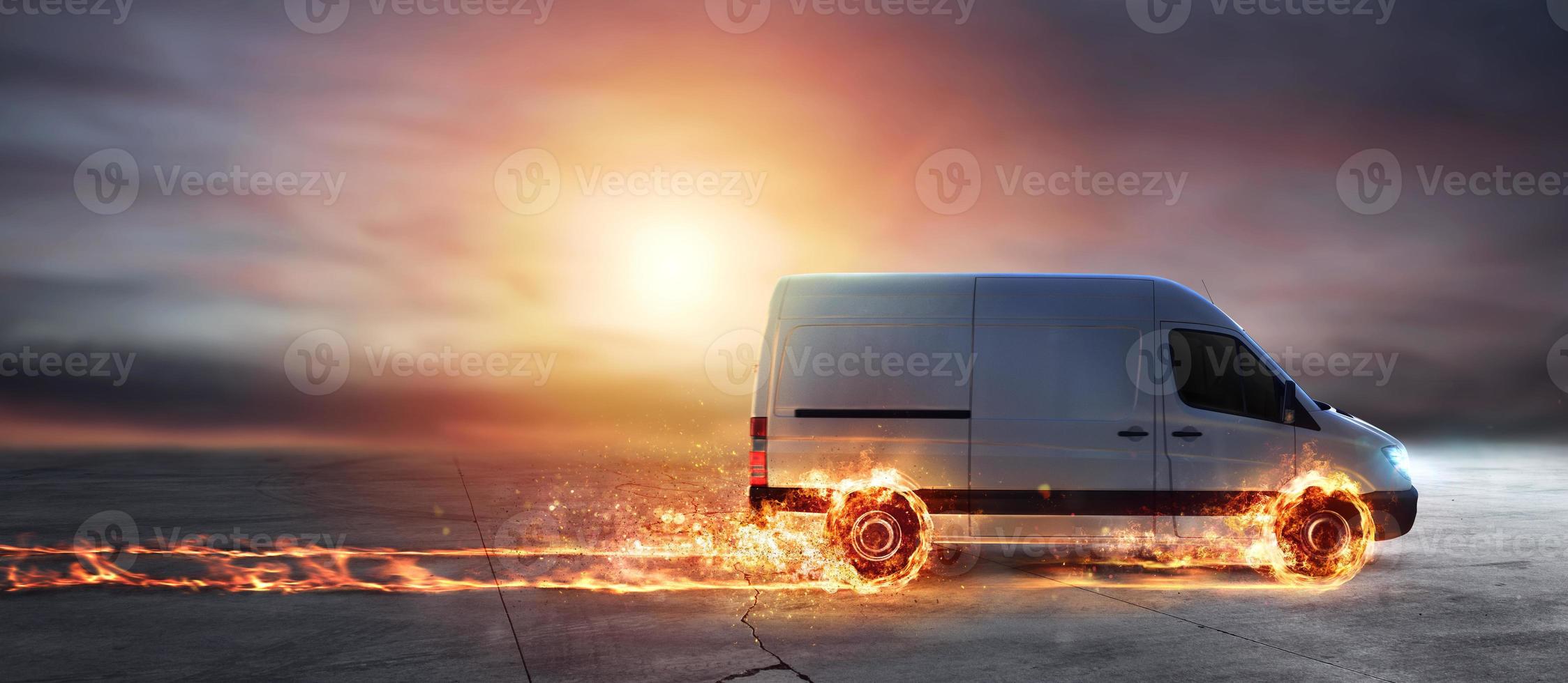 Super fast delivery of package service with van with wheels on fire photo