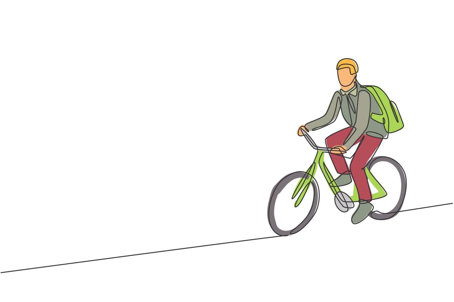 un dibujo de línea continua de un joven gerente profesional que va en bicicleta a su oficina. concepto de estilo de vida urbano de trabajo saludable. Ilustración de vector gráfico de diseño de dibujo de línea única dinámica