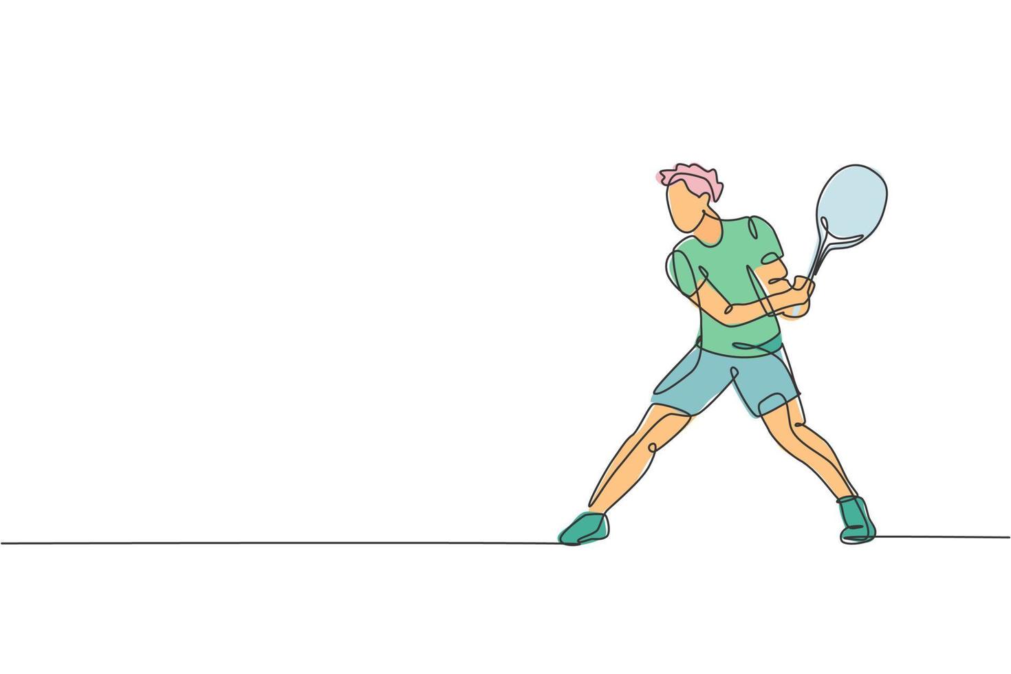 un dibujo de una sola línea de un joven tenista energético se prepara para golpear la ilustración vectorial de la pelota. concepto de entrenamiento deportivo. diseño moderno de dibujo de línea continua para pancarta y afiche de torneo de tenis vector