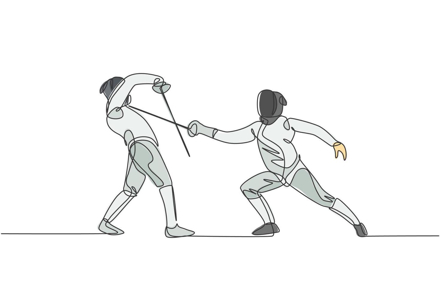 un dibujo de una sola línea de dos jóvenes atletas de esgrima en duelo de ejercicio de vestuario de esgrima en la ilustración de vector de arena deportiva. concepto de deporte combativo y de lucha. diseño moderno de dibujo de línea continua