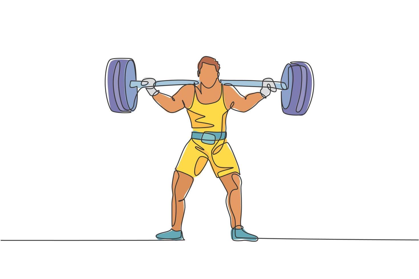 dibujo de una sola línea continua de un joven levantador de pesas fuerte que se prepara para hacer ejercicio con pesas en el gimnasio. concepto de entrenamiento de levantamiento de pesas. Ilustración de vector gráfico de diseño de dibujo de una línea de moda