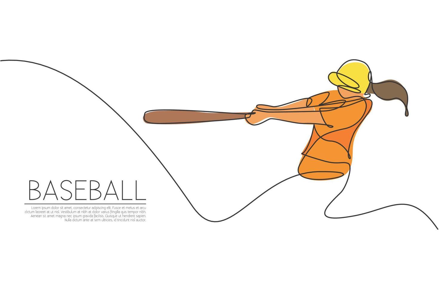 Single continuous line drawing of young agile woman baseball player hit the ball seriously. Sport exercise concept. Trendy one line draw design vector graphic illustration for baseball promotion media