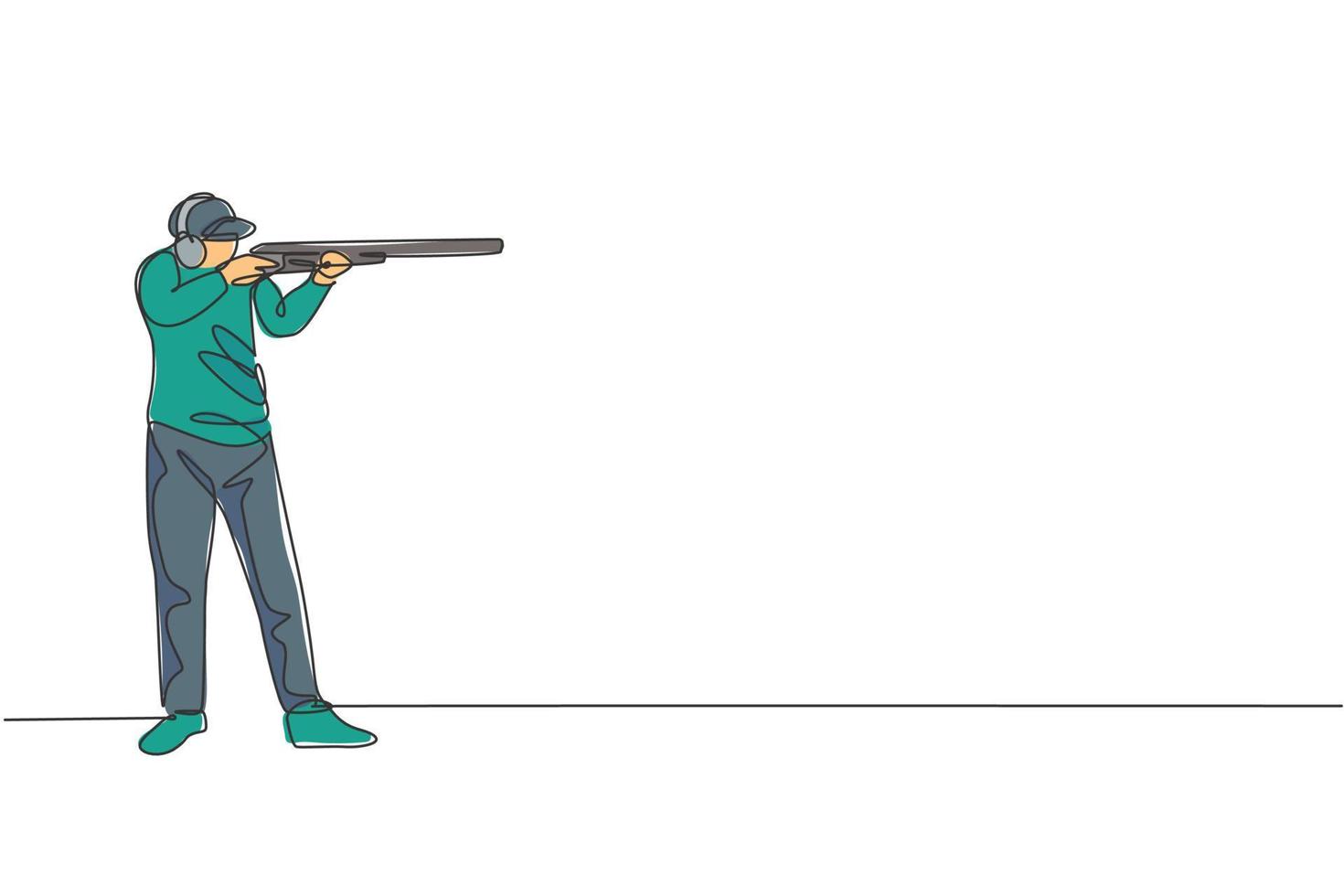 un dibujo de una sola línea de un joven practicando para disparar al objetivo en el rango de tiro gráfico de ilustración vectorial del campo de entrenamiento. concepto deportivo de tiro al plato. diseño moderno de dibujo de línea continua vector