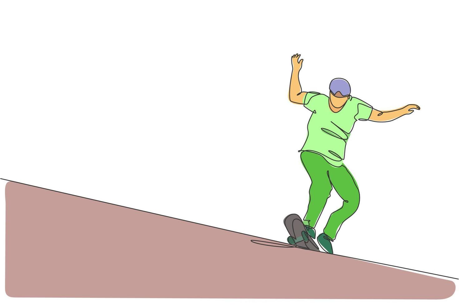 dibujo de una sola línea continua de un joven patinador genial montando patines y realizando trucos de deslizamiento en el parque de patinaje. practicando el concepto de deporte al aire libre. ilustración de vector de diseño de dibujo de una línea de moda