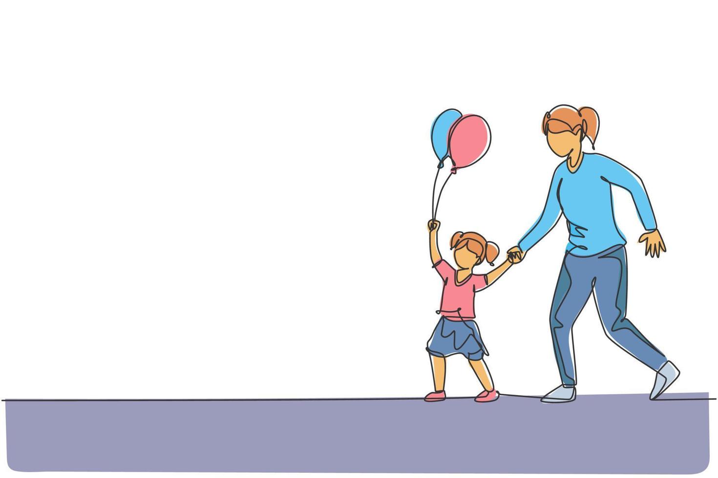 Single continuous line drawing of young mother and her daughter go to night carnival festival while the kid holding balloon. Happy family parenthood concept. One line draw design vector illustration