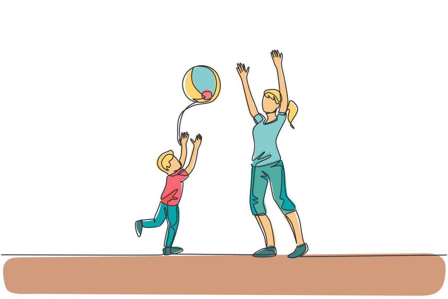 One single line drawing of young mom playing throw beach ball with her son at home graphic vector illustration. Happy family parenting concept. Modern continuous line draw design