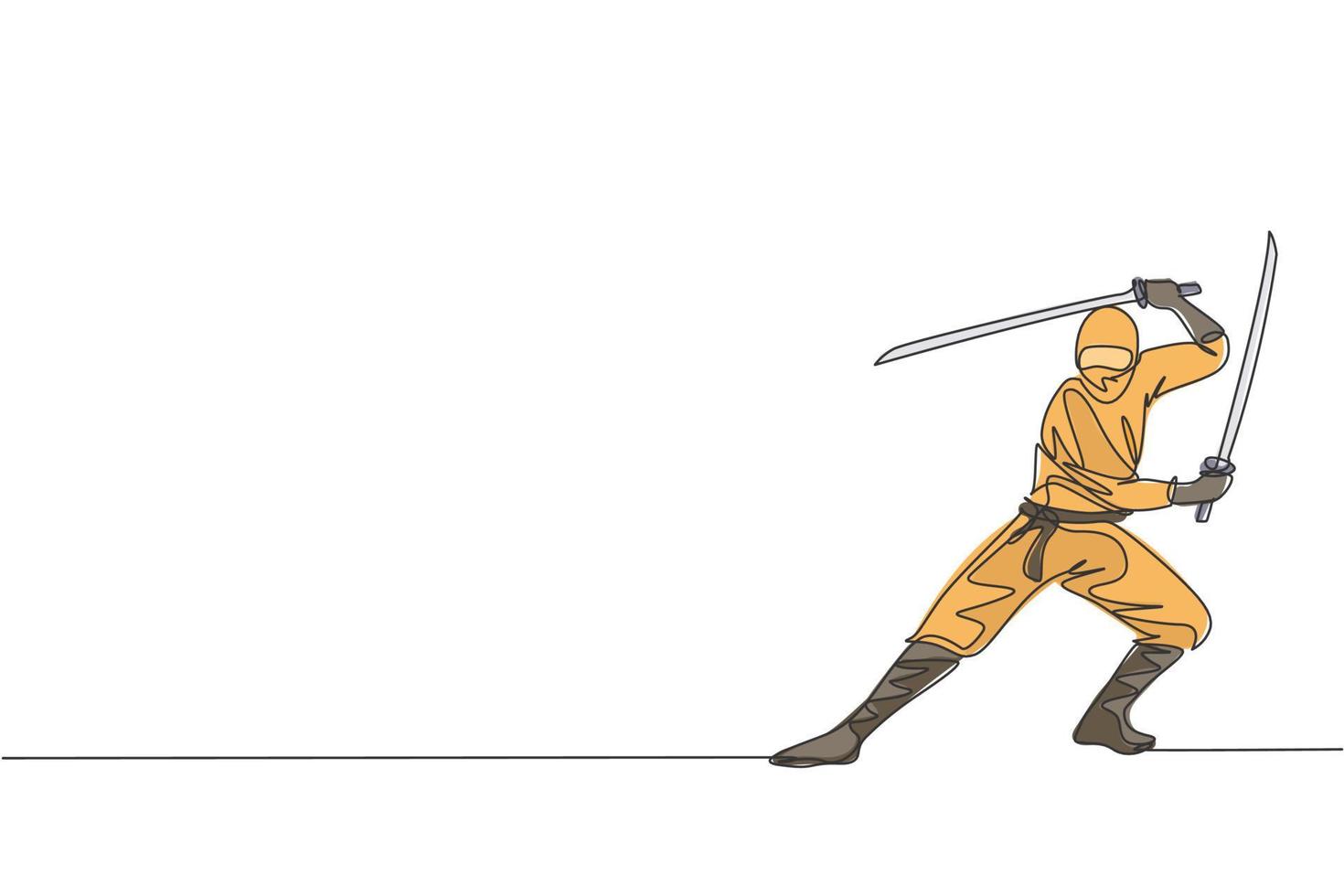 One continuous line drawing of young brave Japanese ninja character on black costume with attacking position. Martial art fighting concept. Dynamic single line draw design graphic vector illustration