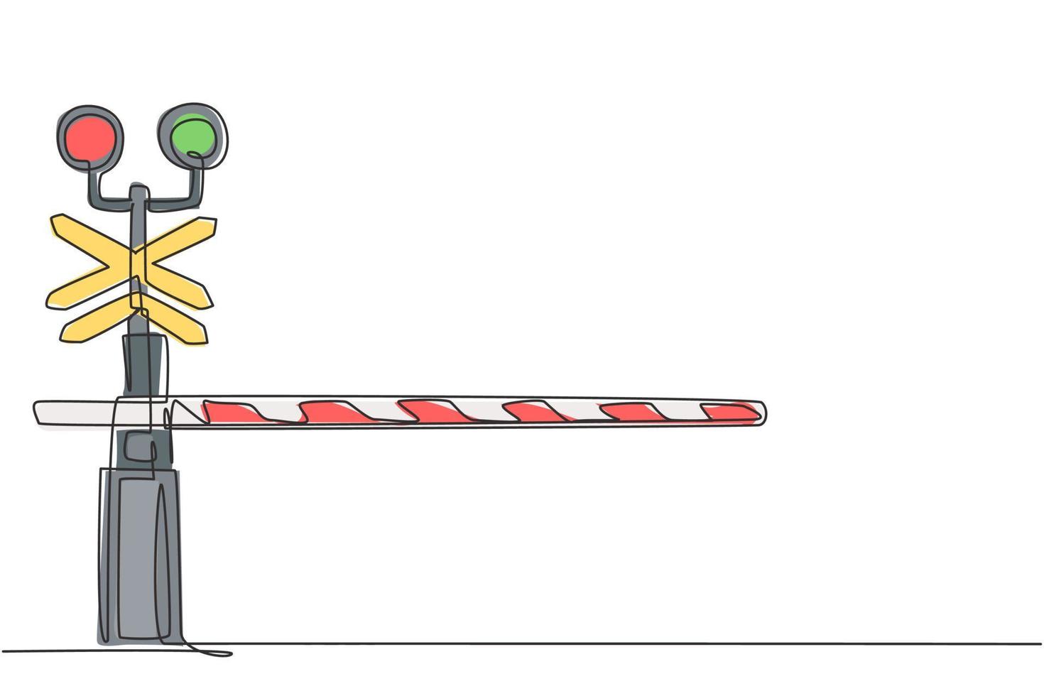 Una línea continua dibujando una barrera ferroviaria con franjas, letreros y luces de advertencia cierra los cruces ferroviarios para evitar que entren vehículos. Ilustración gráfica de vector de diseño de dibujo de una sola línea.