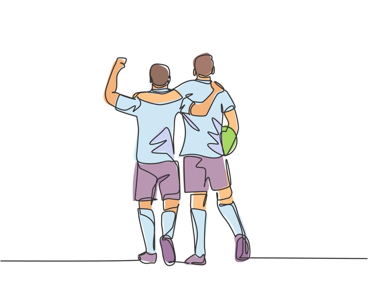 Continuous line drawing of two football player bring a ball and walking together to show sportsmanship. Respect in soccer sport concept. One line drawing vector illustration