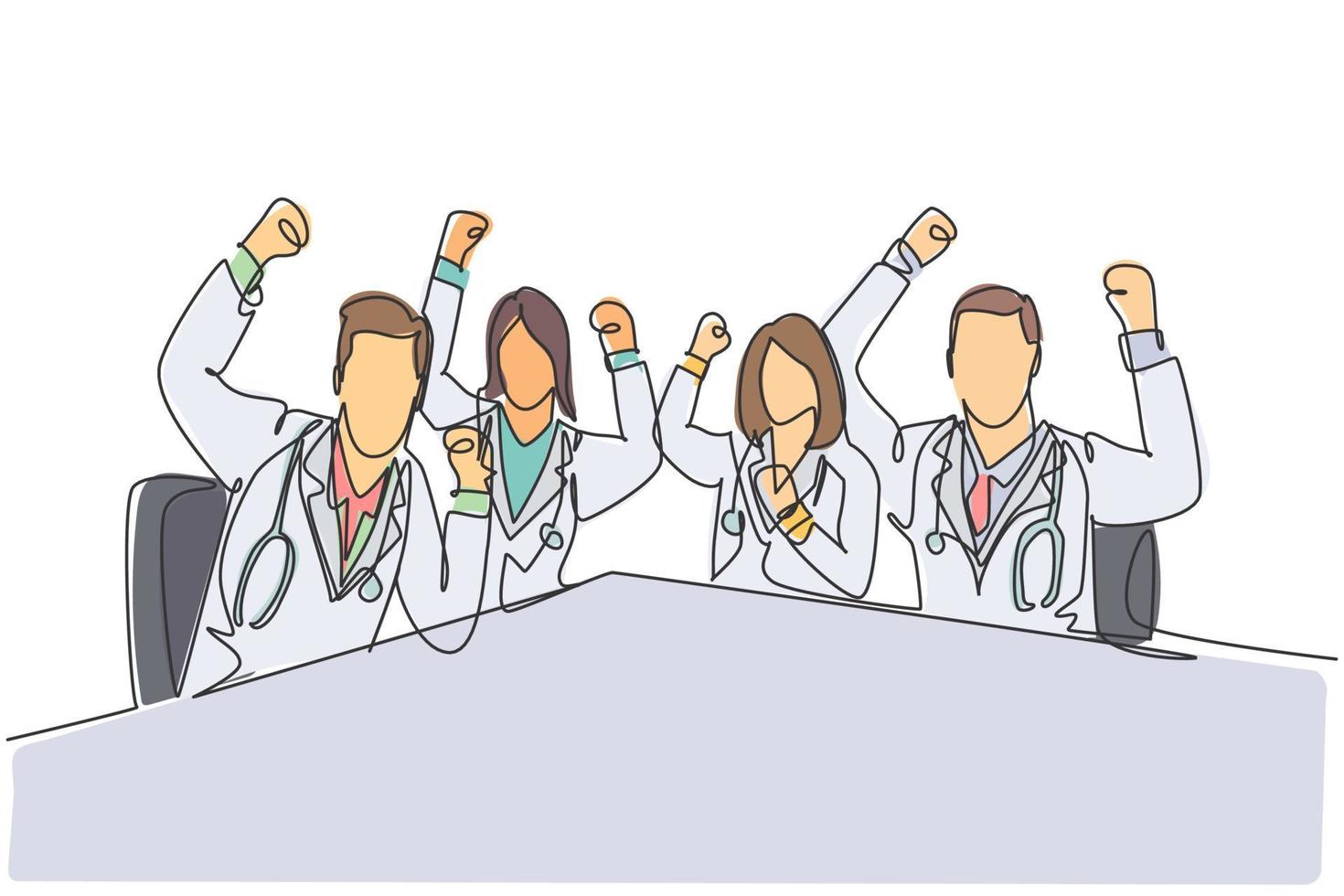 un dibujo de una sola línea de un grupo de médicos y doctoras celebrando la curación exitosa de un paciente. Concepto de servicios de atención médica médica ilustración de vector de diseño de dibujo de línea continua