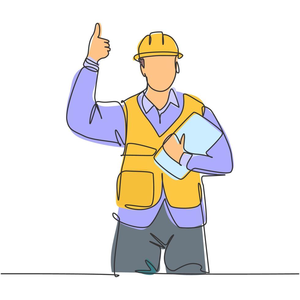 Single line drawing of young construction worker foreman carrying clipboard and giving thumbs up gesture. Building constructor concept. Continuous line draw design vector illustration
