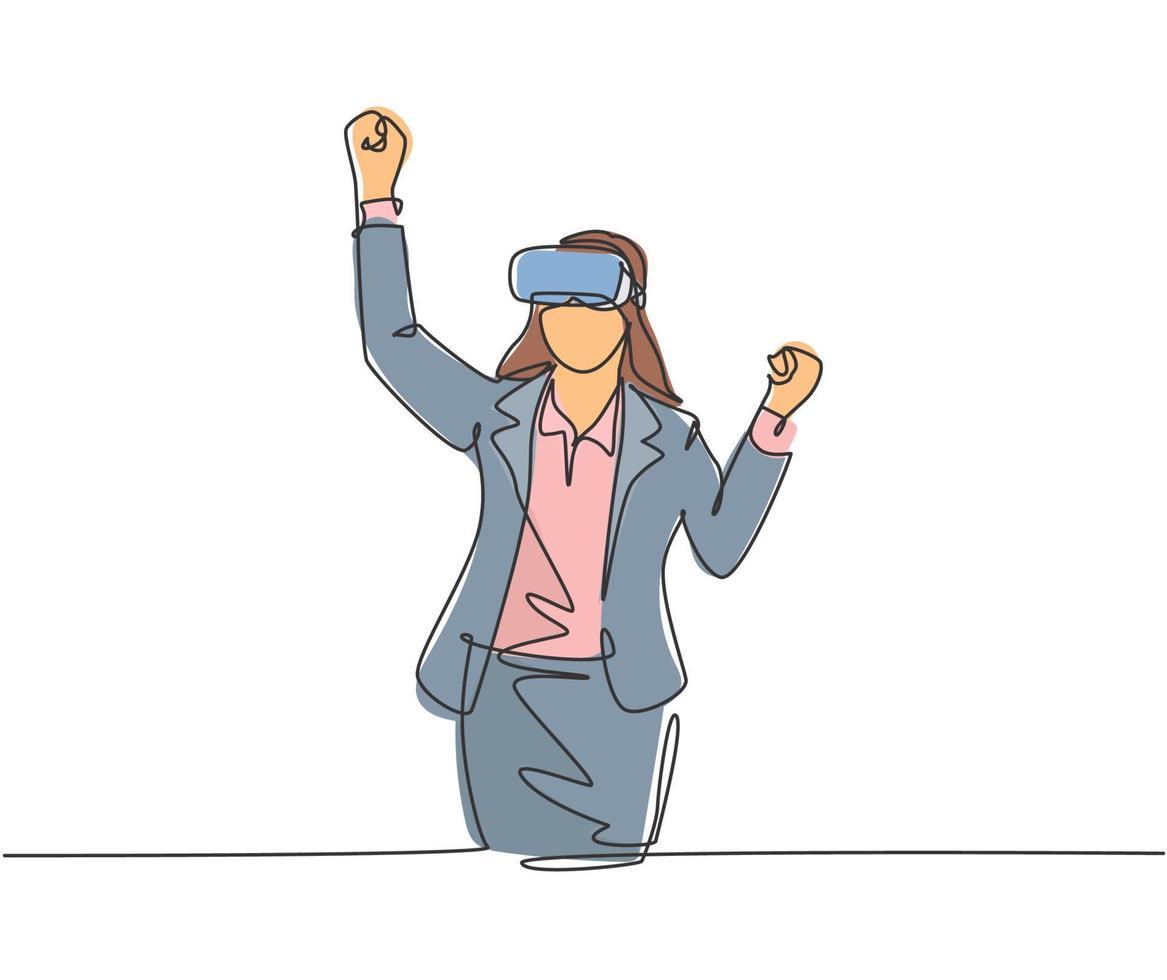 Single continuous line drawing of young happy businesswoman celebrates his successful finishing business simulation. Virtual reality game player concept one line draw design vector illustration