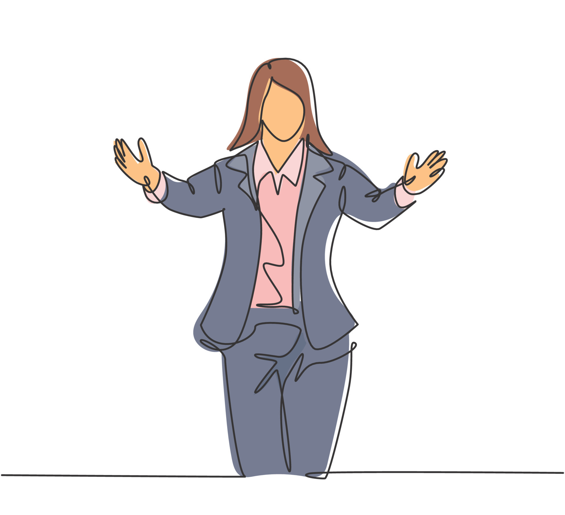 Single continuous line drawing of young happy female business worker
