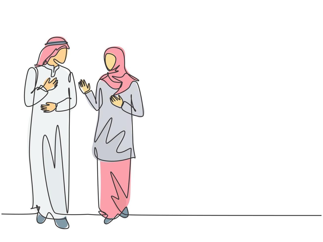 dibujo de línea continua única de una pareja de jóvenes musulmanes discutiendo juntos la estrategia de ventas de productos. tela árabe de Oriente Medio shmagh, thawb, bata, hijab. Ilustración de vector de diseño de dibujo de una línea