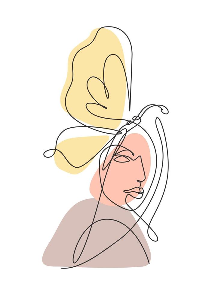 Single continuous line drawing beauty woman with butterfly artwork. Botanical, fashion, t-shirt print. Portrait minimalistic style concept. Trendy one line draw design vector graphic illustration