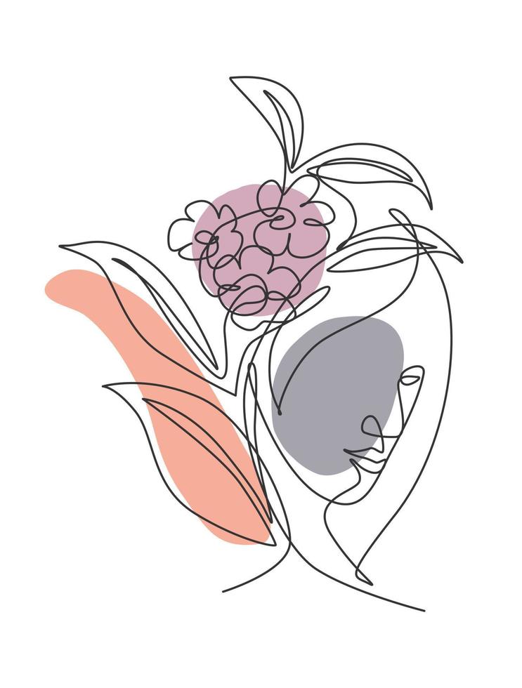 una sola línea de dibujo de cara abstracta con flores naturales ilustración vectorial. Retrato de mujer de belleza concepto de estilo minimalista para decoración de pared. diseño de dibujo gráfico de línea continua moderna vector