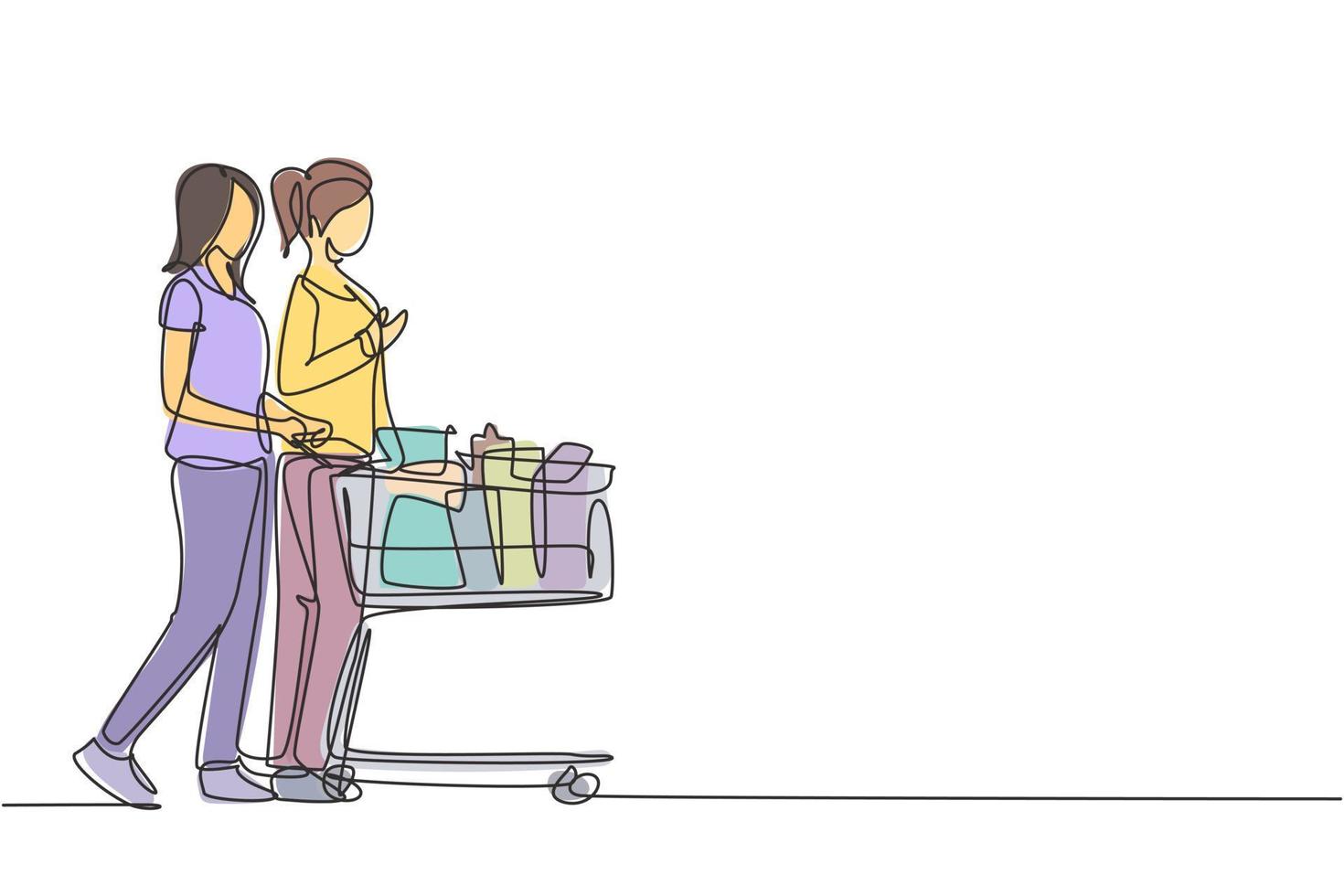 un dibujo de línea continua dos joven belleza mujer feliz comprando y empujando el carrito juntos en el supermercado para comprar productos orgánicos diarios. concepto de compras. ilustración de diseño de dibujo de una sola línea vector