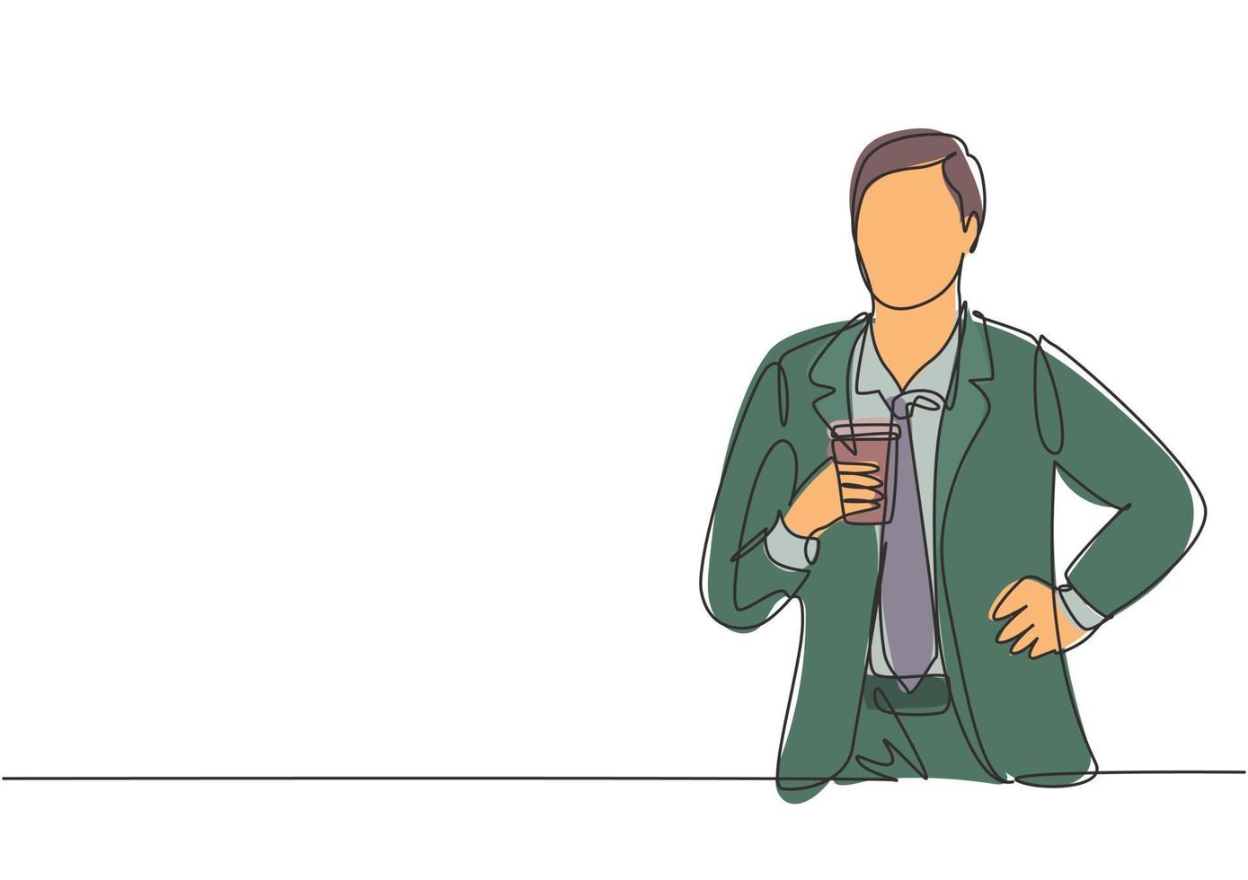 dibujo de línea continua única del joven empresario guapo sosteniendo una taza de bebida de café mientras posan de pie en el pasillo de la oficina. Beber té concepto una línea dibujar diseño gráfico vectorial ilustración vector