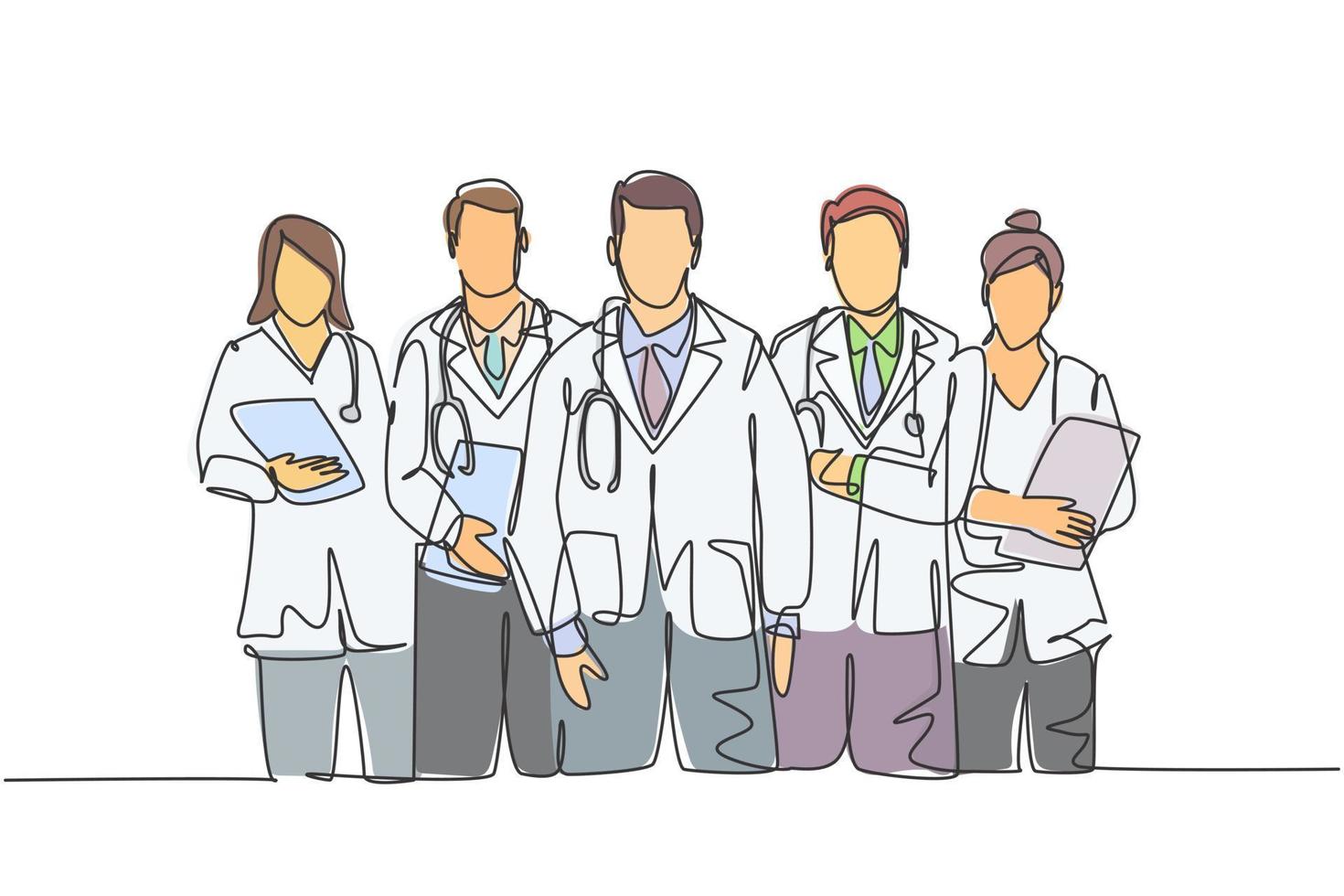 Single continuous single line drawing group of talented male and female doctors standing and posing together at hospital. Medical health care treatment concept one line draw design vector illustration