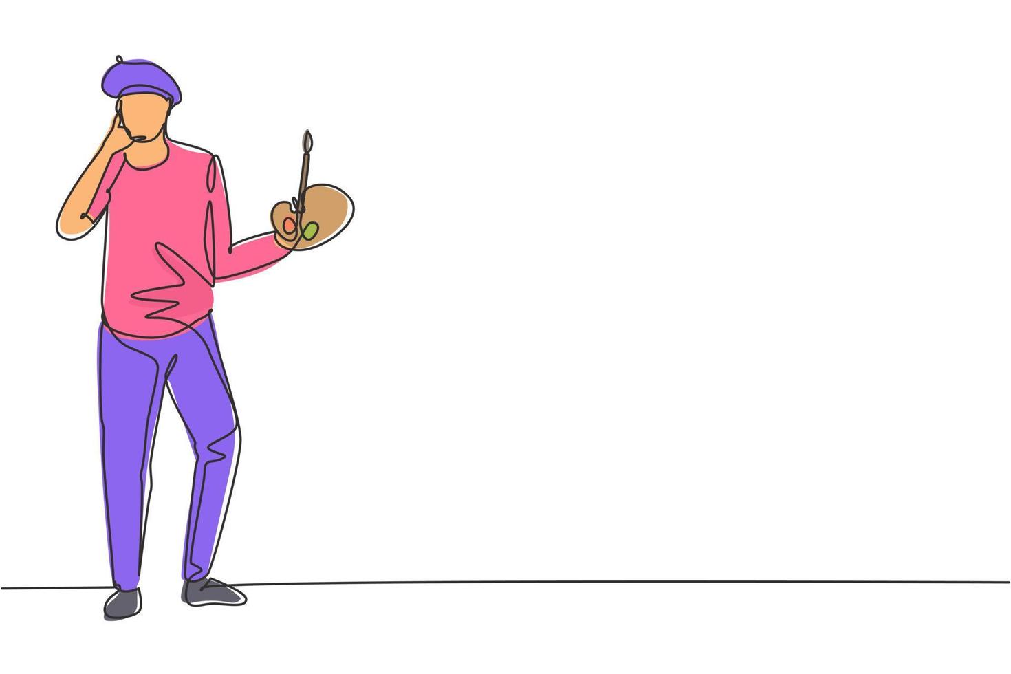 Single one line drawing artist painter stands with call me gesture using a hat and painting tools to produce artwork in workshop studio. Modern continuous line draw design graphic vector illustration