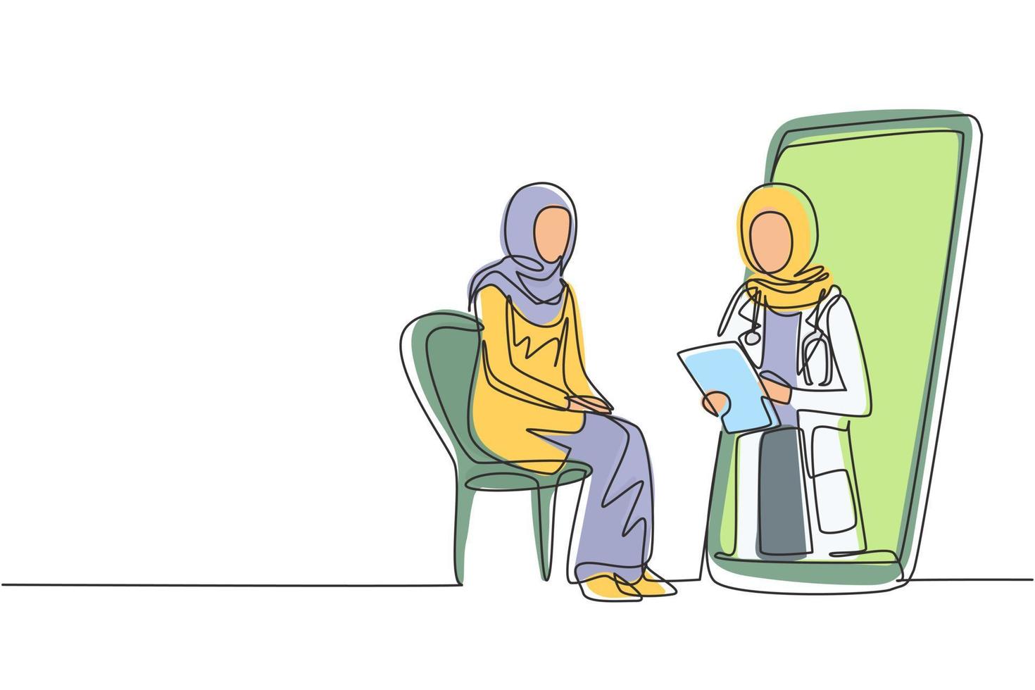 Continuous one line drawing hijab female doctor holding clipboard checking condition of Arab female patient sitting on chair. Online consultation. Single line draw design vector graphic illustration