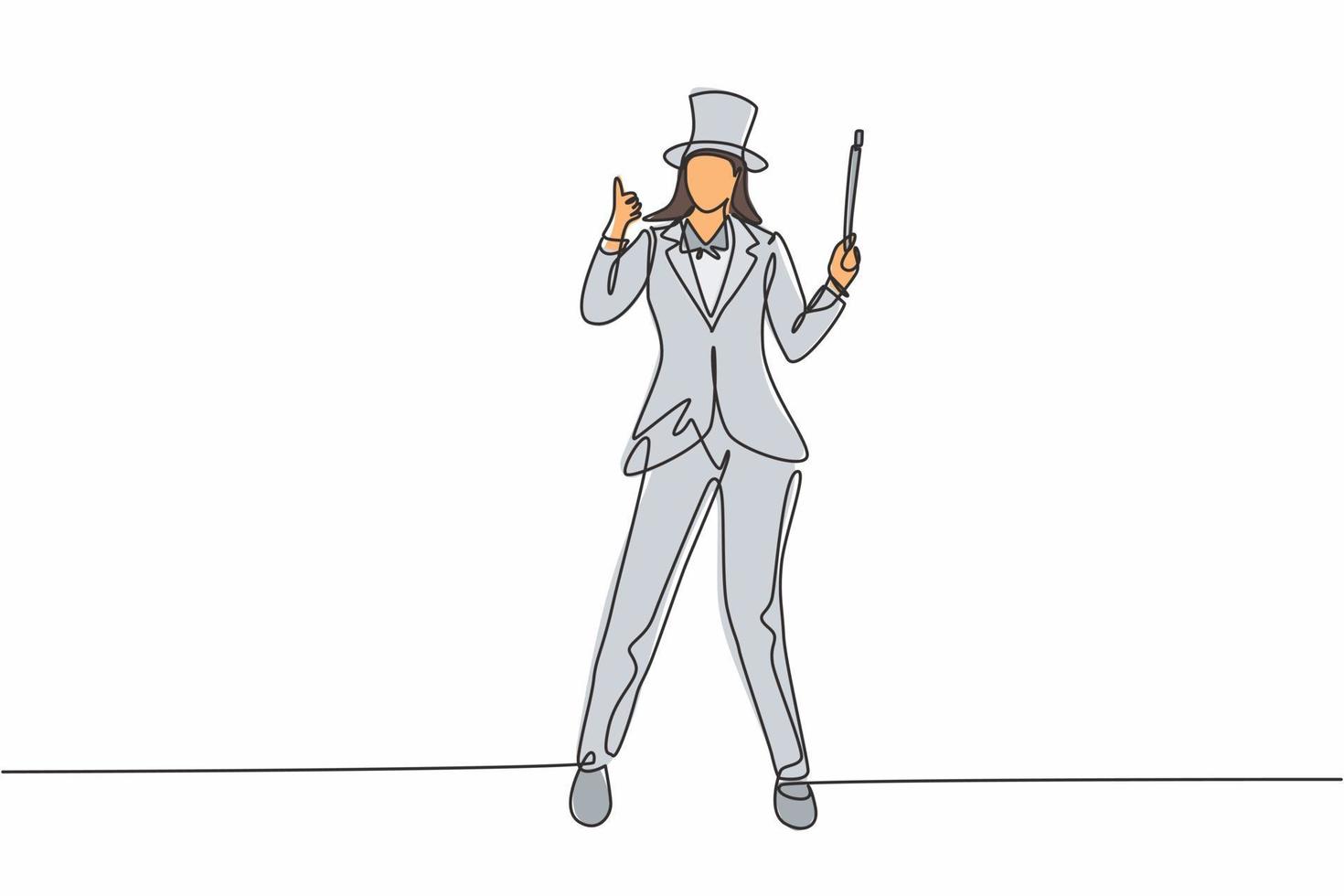 Una maga de dibujo de línea continua única se para con un gesto de pulgar hacia arriba con un sombrero y una varita mágica realizando trucos en un espectáculo de circo. Ilustración de vector de diseño gráfico de dibujo de una línea