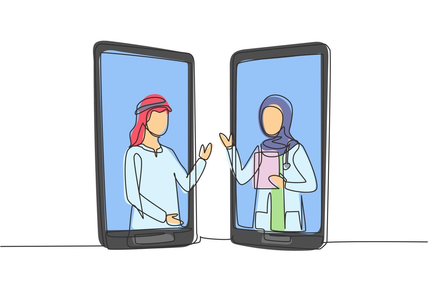 Single continuous line drawing two smartphones face to face and contain Arab male patient and hijab female doctor with their bodies as if coming out of smartphone. Dynamic one line draw graphic design vector