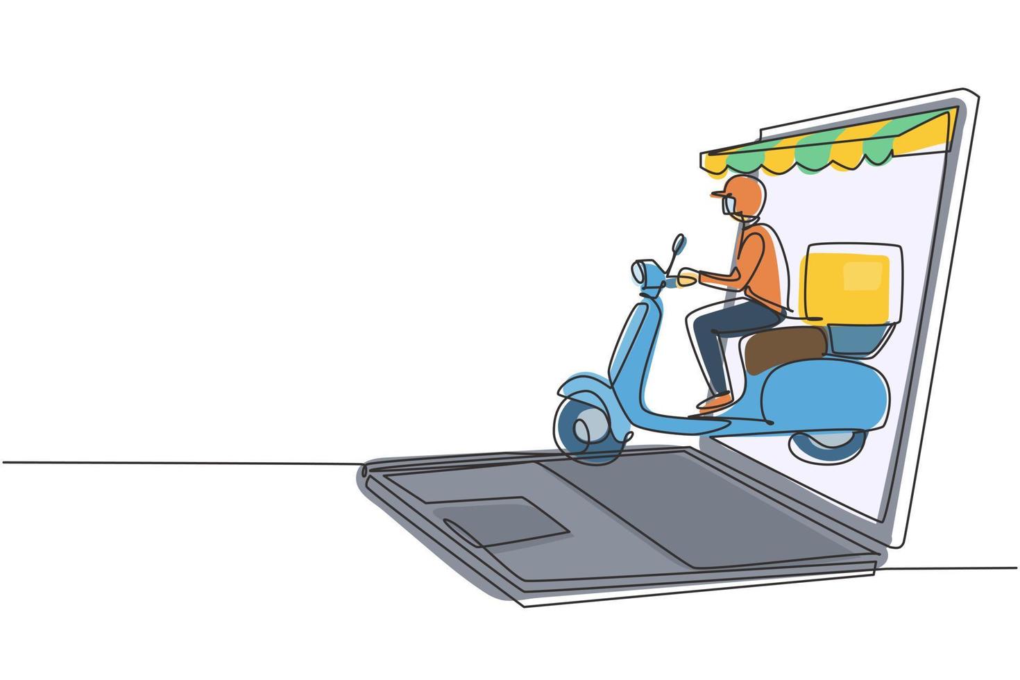 Single continuous line drawing courier riding scooter carrying package box out of giant laptop screen with canopy. Online delivery service. Dynamic one line draw graphic design vector illustration