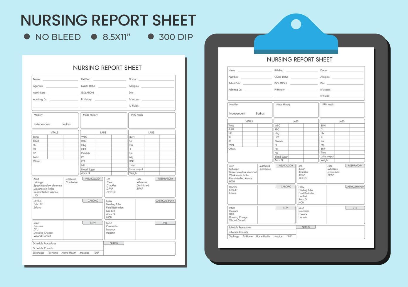Nursing report sheet, Nursing report logbook, Patient daily health report tracker, medication journal template, patient hospitalization info tracker interior. vector