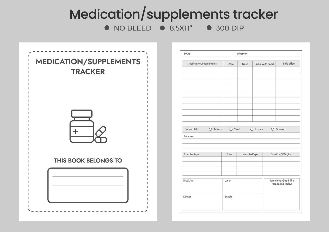 Medications Tracker KDP interior journal. Regular supplement and vitamin information tracker interior. Vitamin tracker. vector