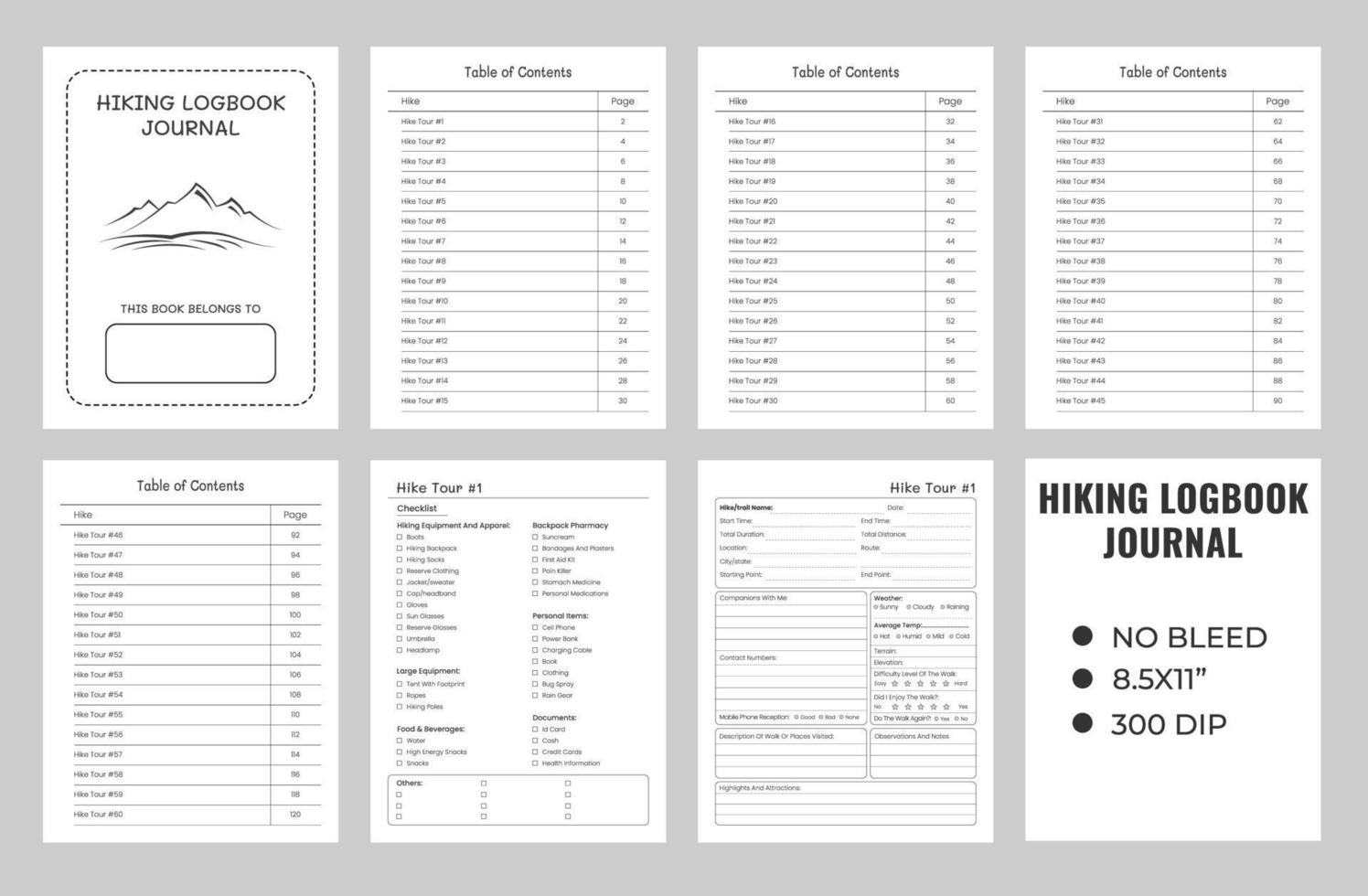 Hiking journal logbook or notebook planner kdp, travel, adventure, camping journals vector