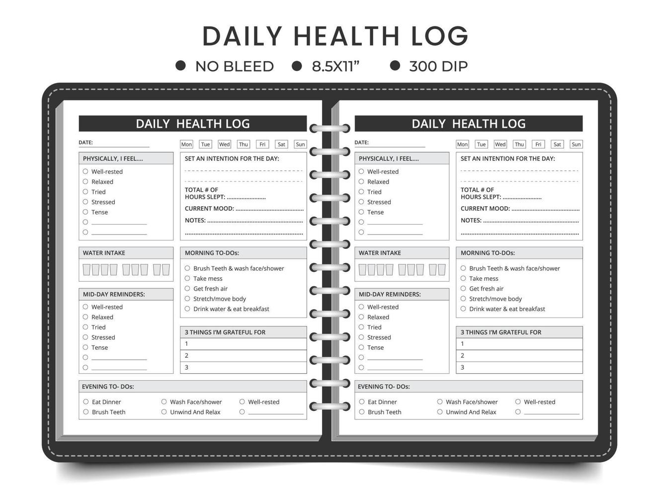 Daily checklist routine log planner notebook page, printable tracker, Daily activities planner, logbook, mood diary. vector