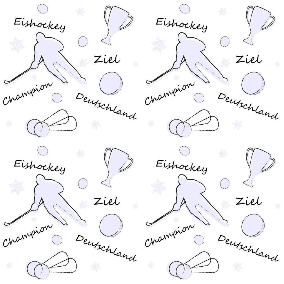 Seamless pattern with hockey player silhouette, puck, cup, medals and inscriptions in German. Translation Germany, champion, goal, ice hockey. Ice hockey world championship 2023 concept. Vector image
