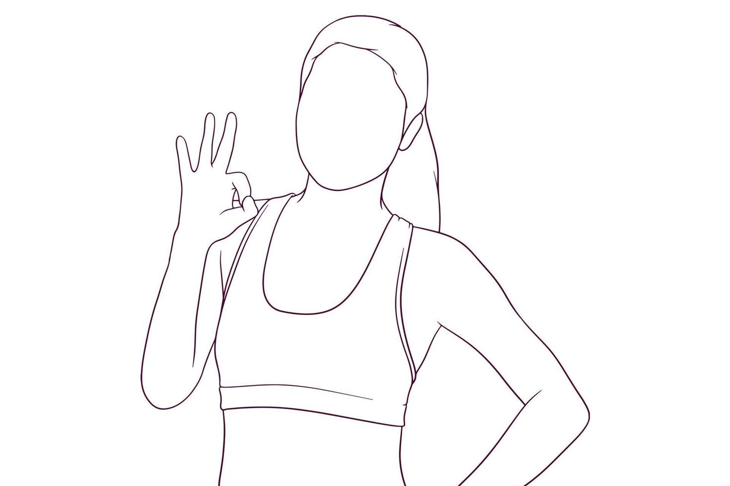 Athletic girl showing the okay sign with her hand in a hand drawn vector illustration