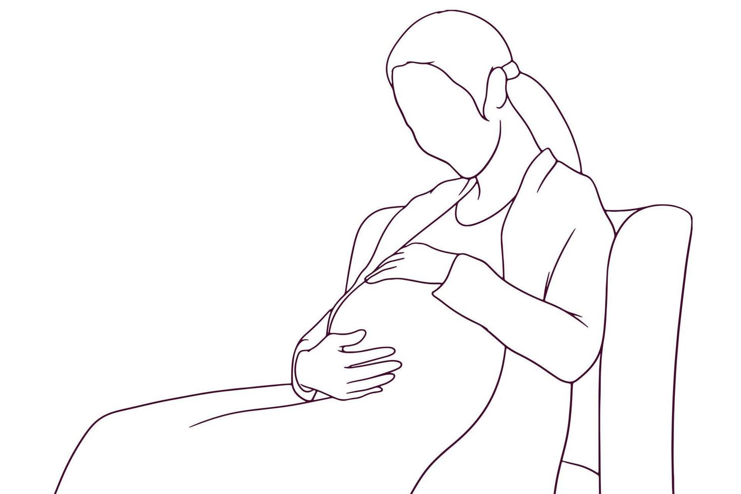 A happy pregnant woman placing her hands on her baby bump in a hand drawn vector illustration