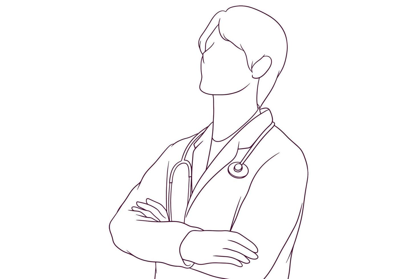 A young male doctor stands with his arms crossed in a hand drawn vector illustration