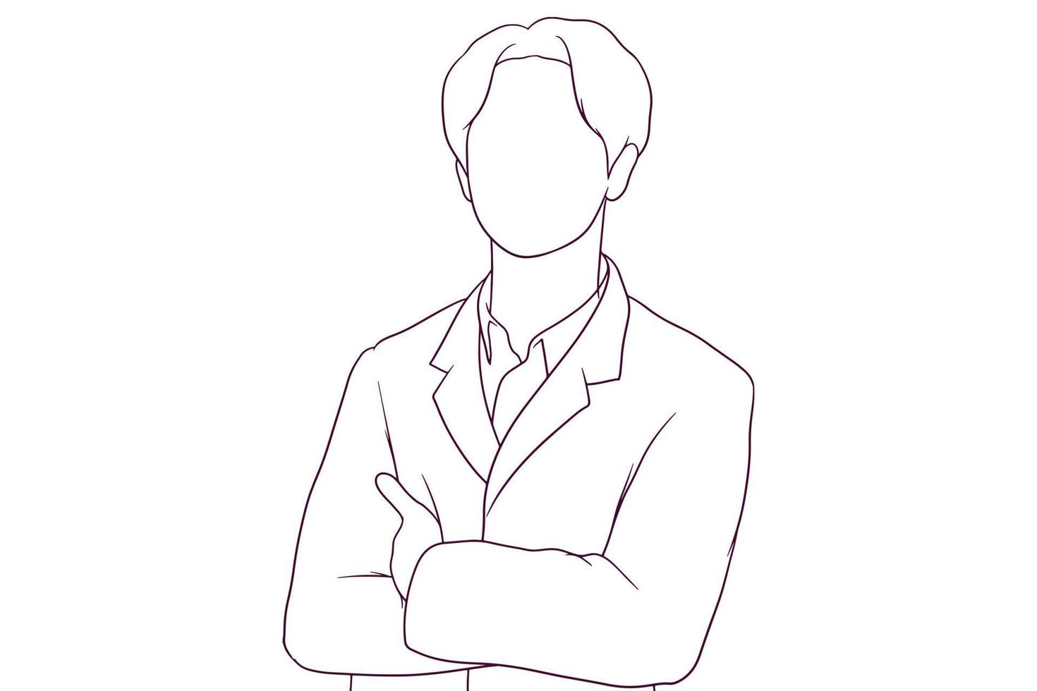 A serious young male doctor standing with crossed arms in a hand drawn vector illustration