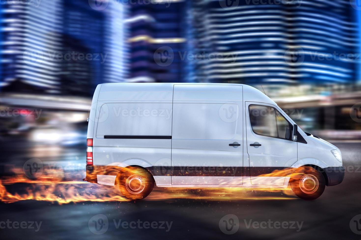 Super fast delivery of package service with van with wheels on fire. photo