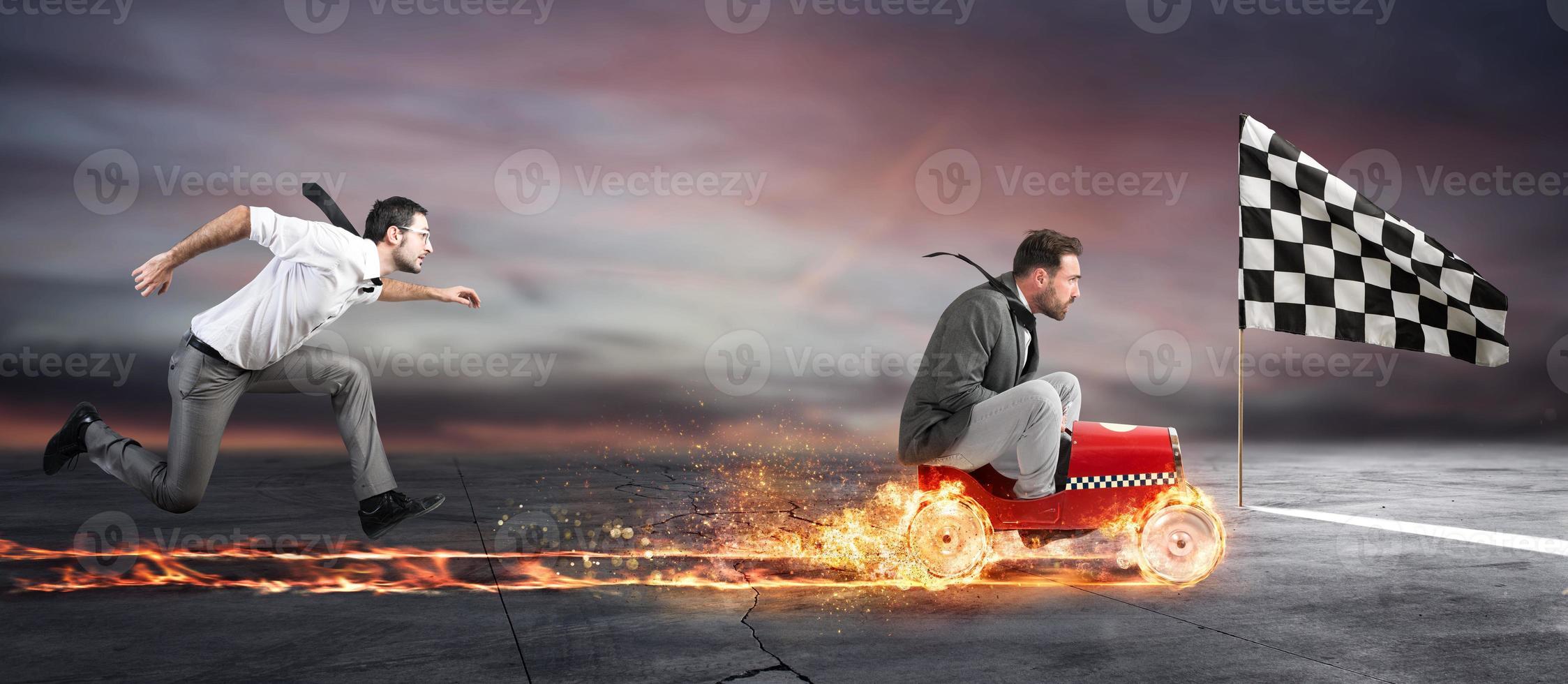 Fast businessman with a car wins against the competitors. Concept of success and competition photo