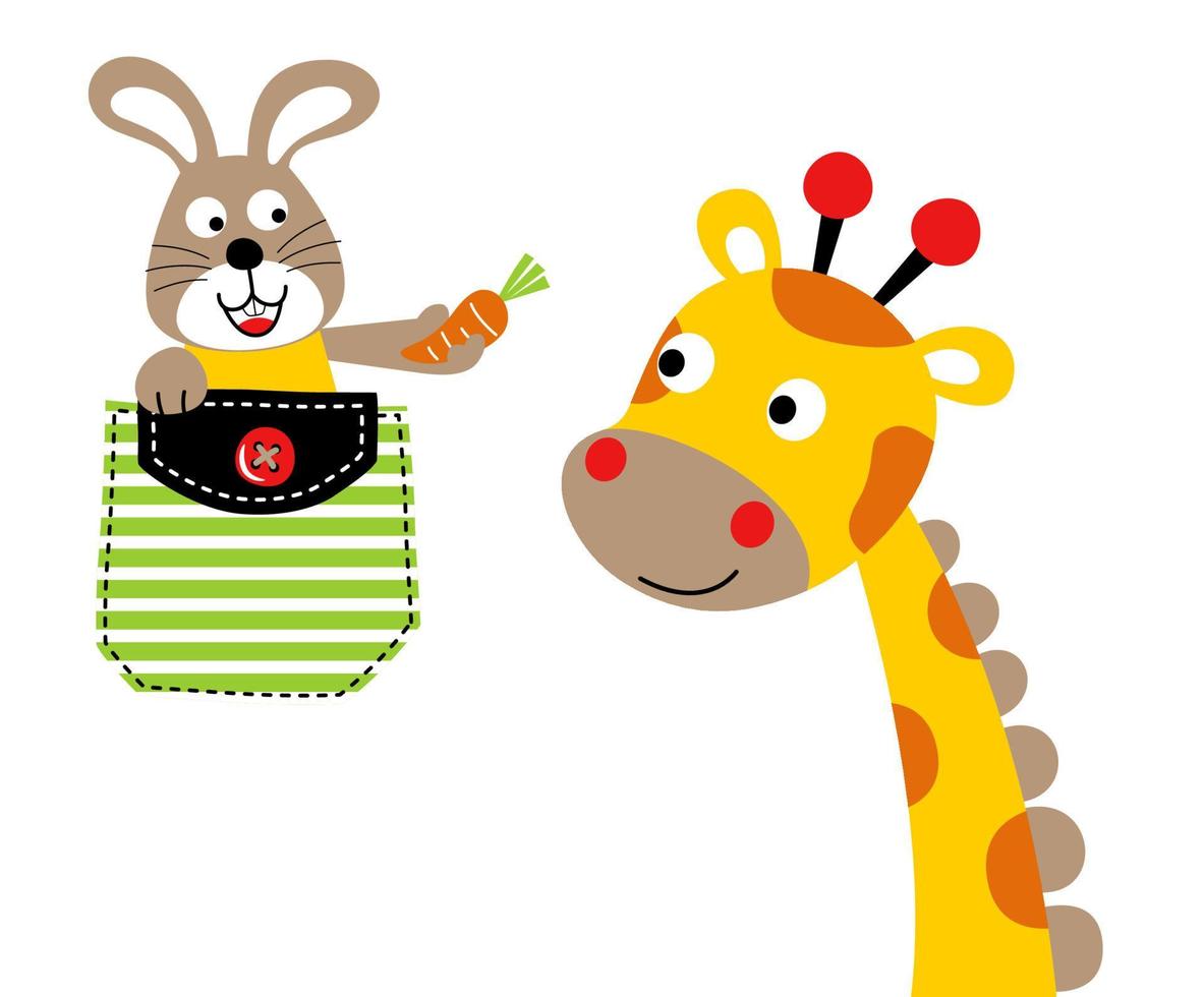 Nice giraffe with bunny on pocket, vector cartoon illustration