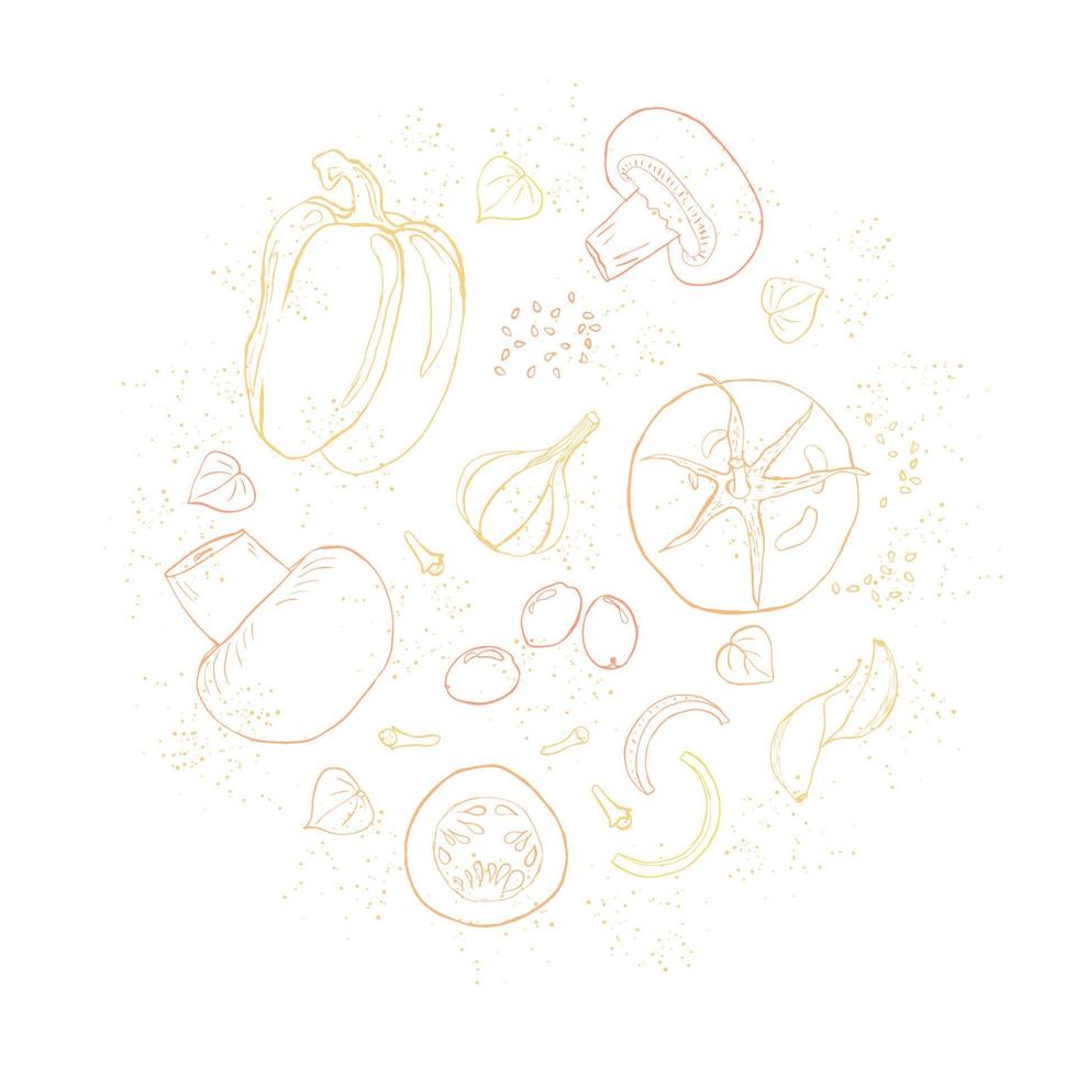 Vegetable line art sketch neutral beige circle composition vector