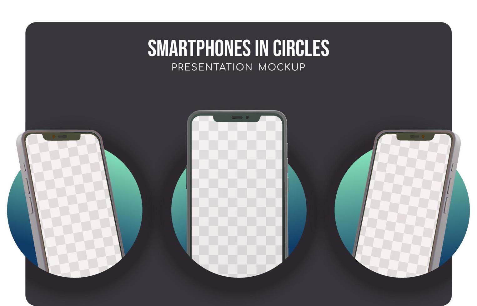 Smartphones popping out from gradient circles mockup on dark background vector