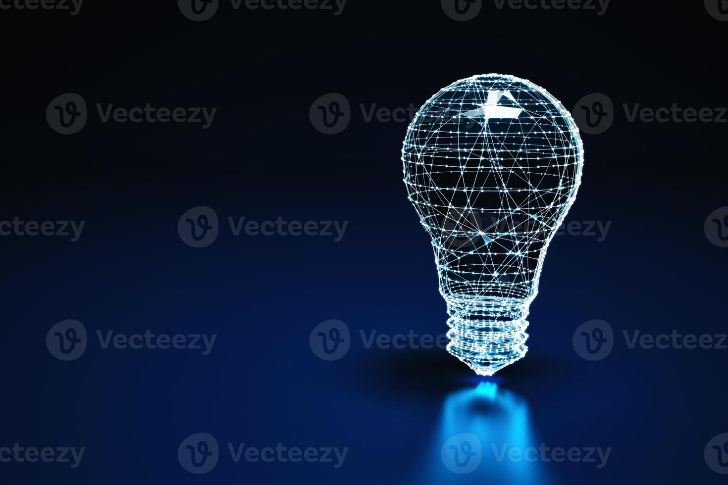 Illuminated wireframe of a bulb light on dark blue background. 3D Rendering photo