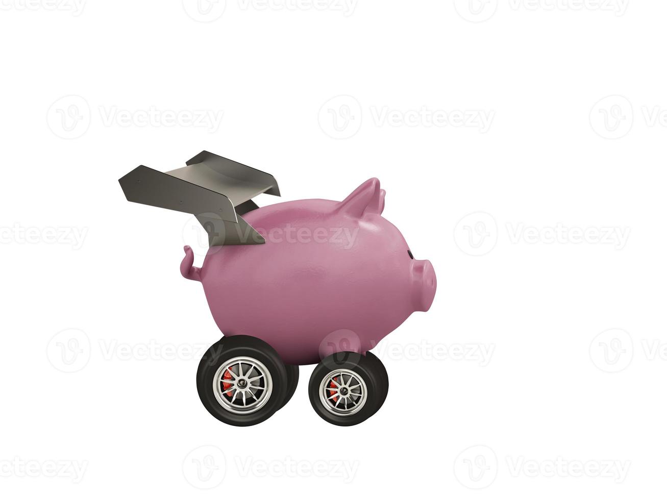 Piggy bank with wheel like a car. Concept of fast increse of money. Isolated on white background photo