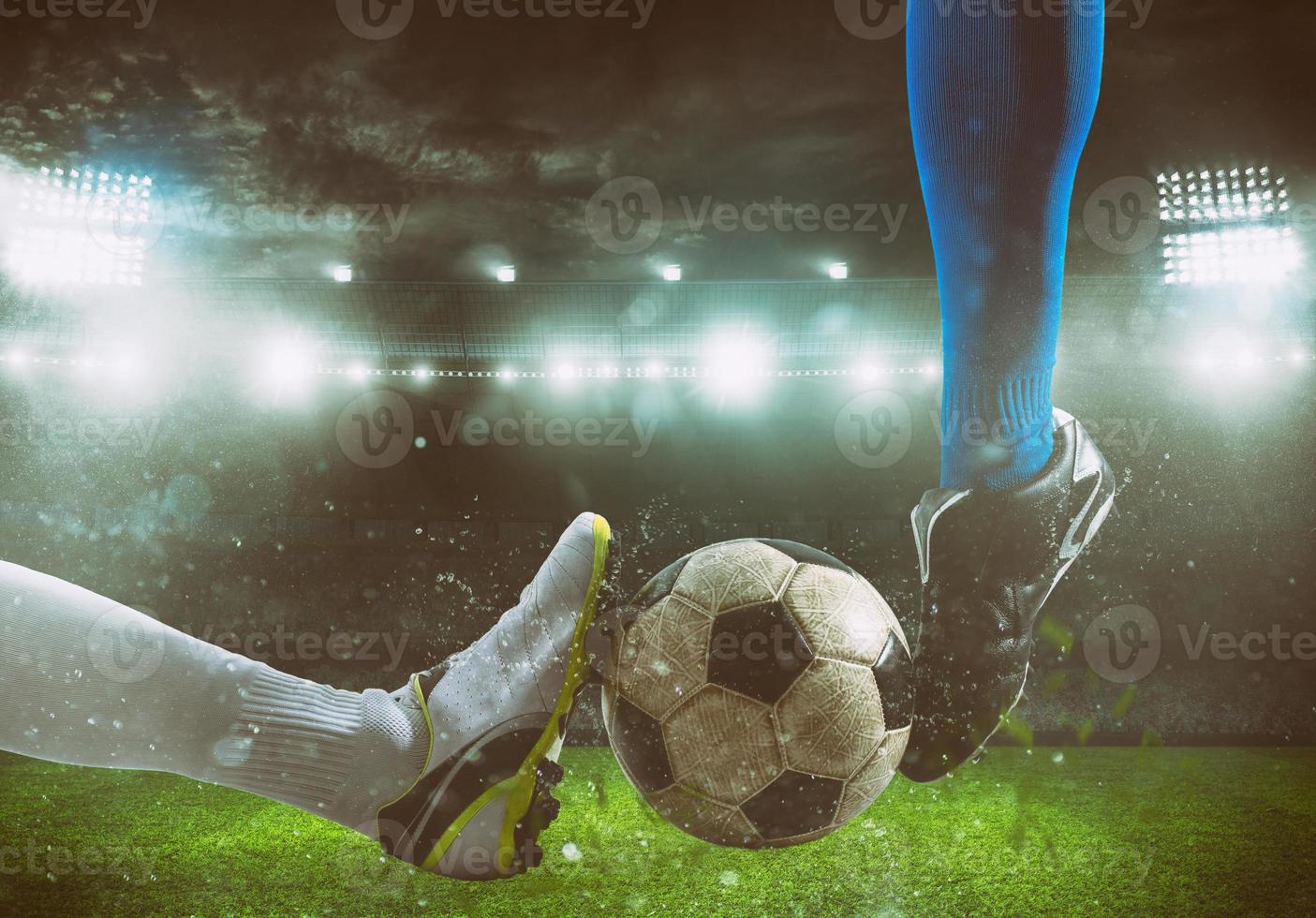 Close up of a football action scene with competing soccer players at the stadium photo