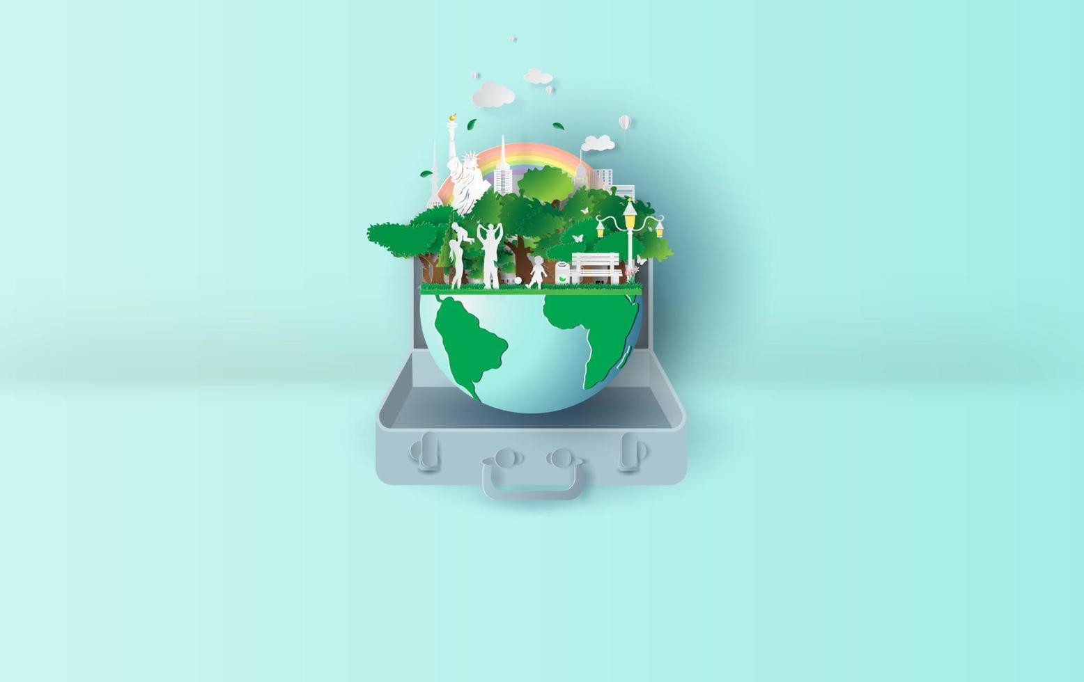 3D Paper art and craft of ecology Environment in suitcase concept your text space background. Eco friendly family in the earth.Using pastel colors that are beautiful and comfortable.balloon.vector vector